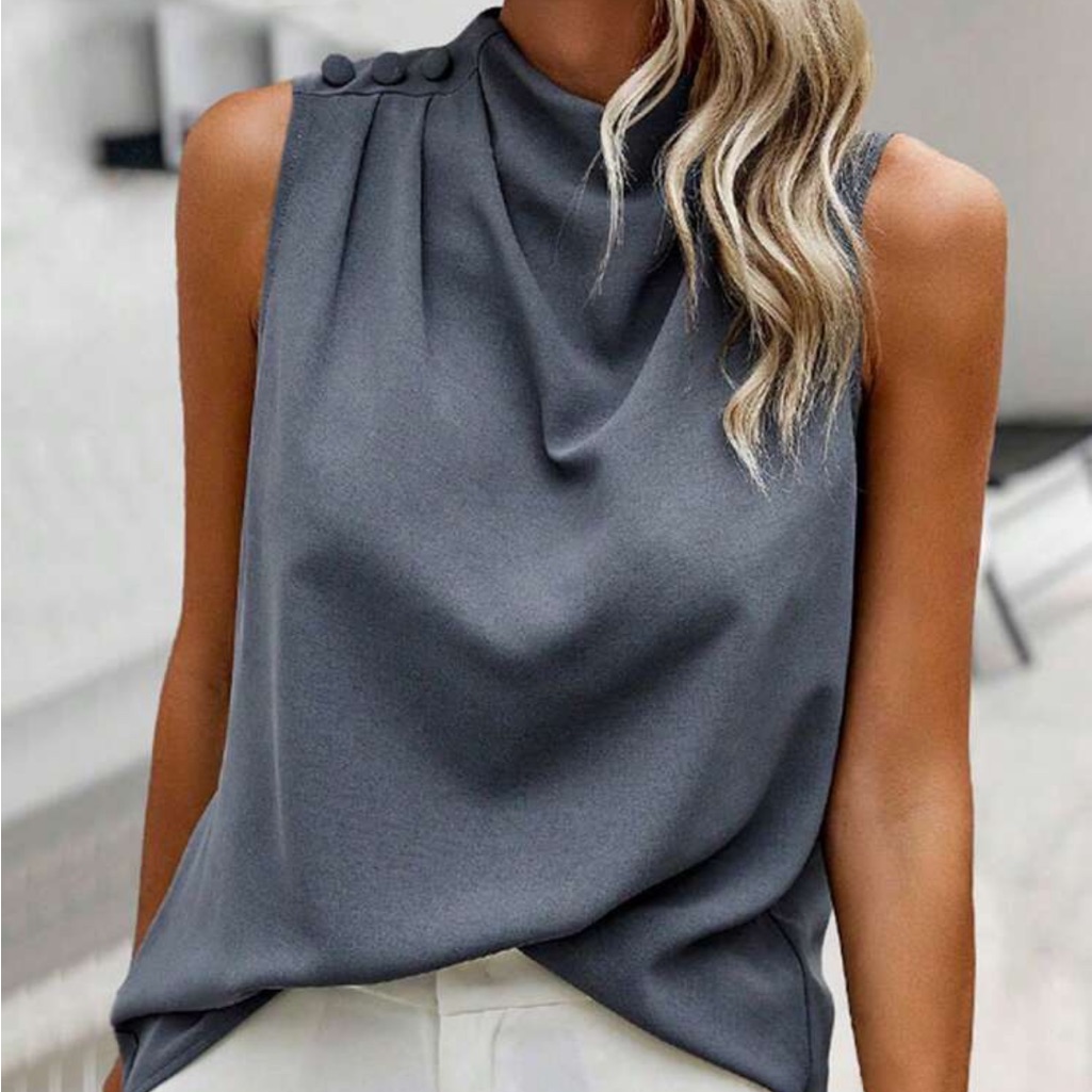 Sleeveless Drape Neck Top With Button Detail - Gray